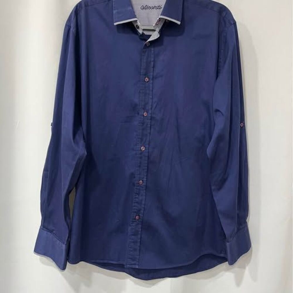 Visconti Long Sleeve Button Up Shirt Mens Large Solid Dark Blue Dress Shirt